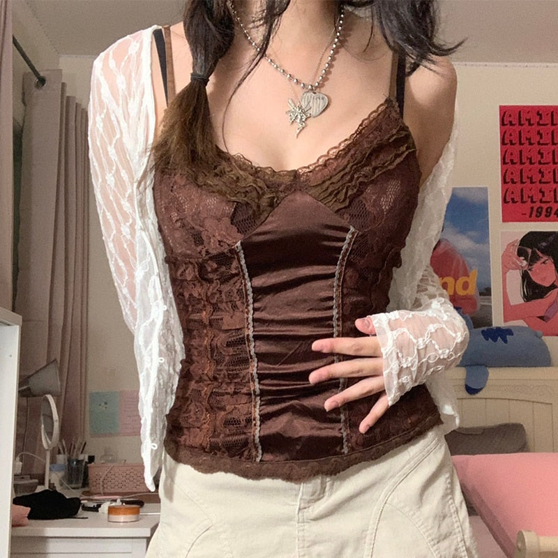 IAMHOTTY Y2K Lace Patchwork Satin Corset Women Grunge Clothes Sleeveless Camisoles Cute Fairycore Vintage Tank Top Aesthetic Tee