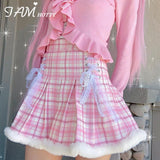 Y2K Plaid Print Pleated Skirt High-waisted Lace Up Feather Patchwork Kawaii A Line Short Skirts Pink Lolita Japanese