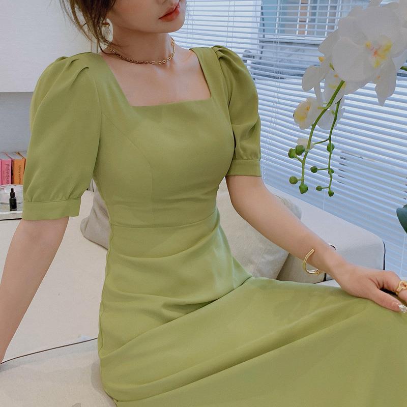 Dresses Women Vintage Green Puff Sleeve Summer Ladies Vestidos Elegant Holiday Party Simple All-match High Waist A-Line Soft New