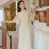 Drespot Chinese Style Cheongsam Floral Dresses Woman  Elegant Mesh Lace Qipao Dress Women Vintage Dress Robe Femme Vestidos