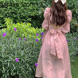 Drespot Design Pink Midi Dress Women Sweet Vintage Elegant One Piece Dress Korean Fashion  Autumn Fairy High Waist Party Dress Lady