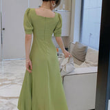 Dresses Women Vintage Green Puff Sleeve Summer Ladies Vestidos Elegant Holiday Party Simple All-match High Waist A-Line Soft New