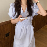 Women Short Sleeve Dress V-neck Puff Sleeves Female Elegant High Waist Draw String Summer Korean Style Uzzang Vintage Retro Chic