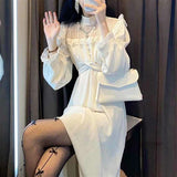 Drespot  French Lace Vintage Dress Women Fashion Puffer Sleeve Elegant One Piece Dress Korean  Spring High Street Slim Midi Dress Y2k