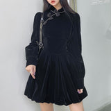 Drespot  Black Gothic Mini Dress Women Long Sleeve Vintage Dresses Golden Velvet Kawaii Bow Harajuku Streetwear Goth Female Robe