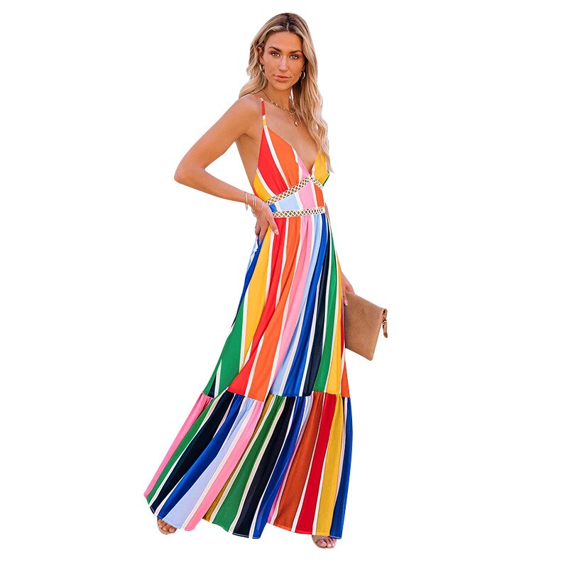 Women's Summer Maxi  Dress Rainbow Striped  Floral Floor-Length Dresses Boho Clothing  Slip Beach Sundress Sexy V-Neck Long Robe