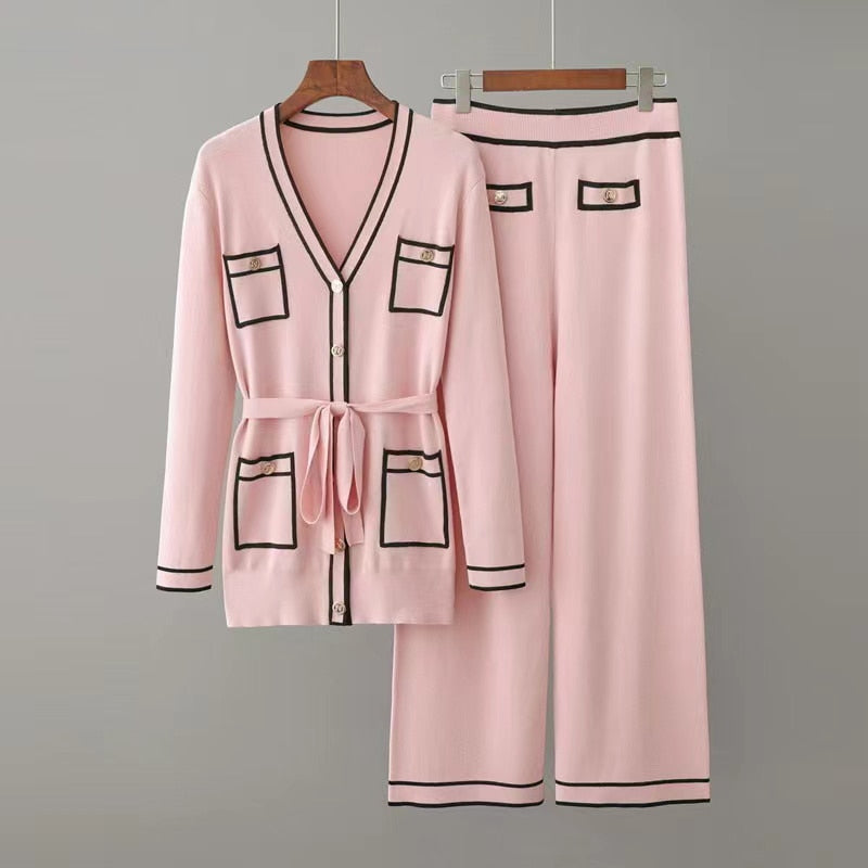 Drespot  Autumn Winter Knitted Two Piece Set Women V-neck Long Sleeve Sweater Cardigan Coat + Wide Leg Pant Suits Casual 2 Piece Sets