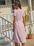Drespot Print Women Dress  Summer Floral V-neck Strappy Slim Chiffon Dress Short-sleeved Casual A-line Split Long Dress Robe Femme