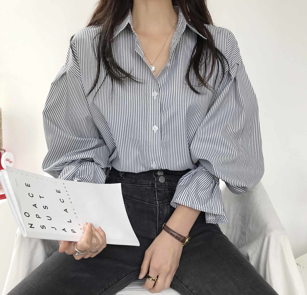 Drespot Vintage Striped Oversize Women's Blouse Spring Summer Fashion Lantern Sleeve Buttons Loose Female Shirts Tops  New
