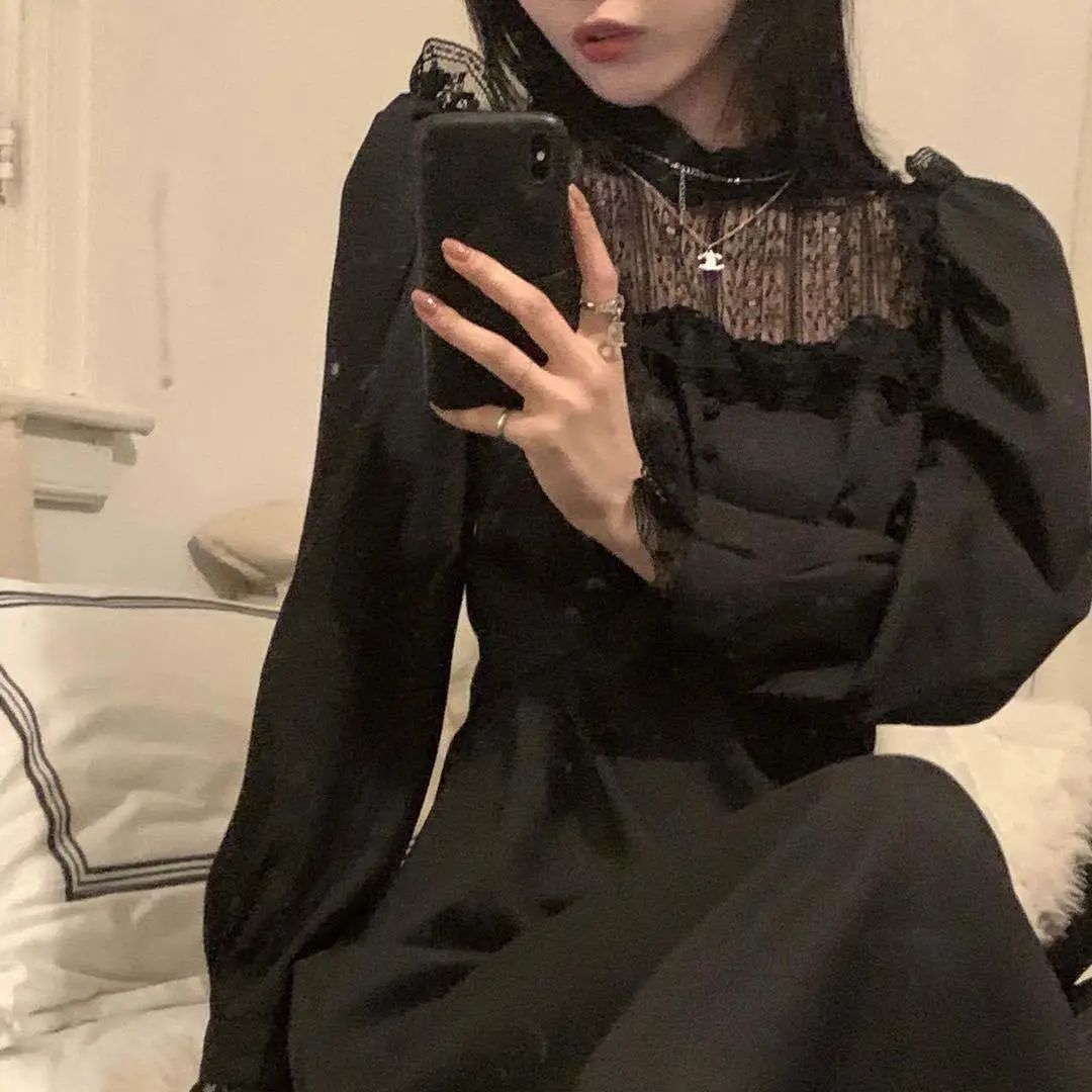 Drespot  Gothic Black Y2k Dress Women  Autumn Casual Lace Long Sleeve One Piece Dress Korean Evening Party Elegant Midi Dress Female