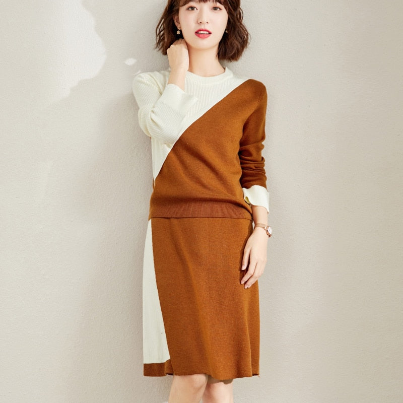 Drespot  Fall Elegant Knitted 2 Piece Sets Womens Outfits Long Sleeve Pullovers Sweater Tops + Skirts Sets Korean Fashion Two Piece Set