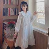 Drespot Kawaii Ruffle White Dress Japanese Sweet Cute Peter Pan Collar Elegant Long Sleeve Dresses Korean Clothes Women