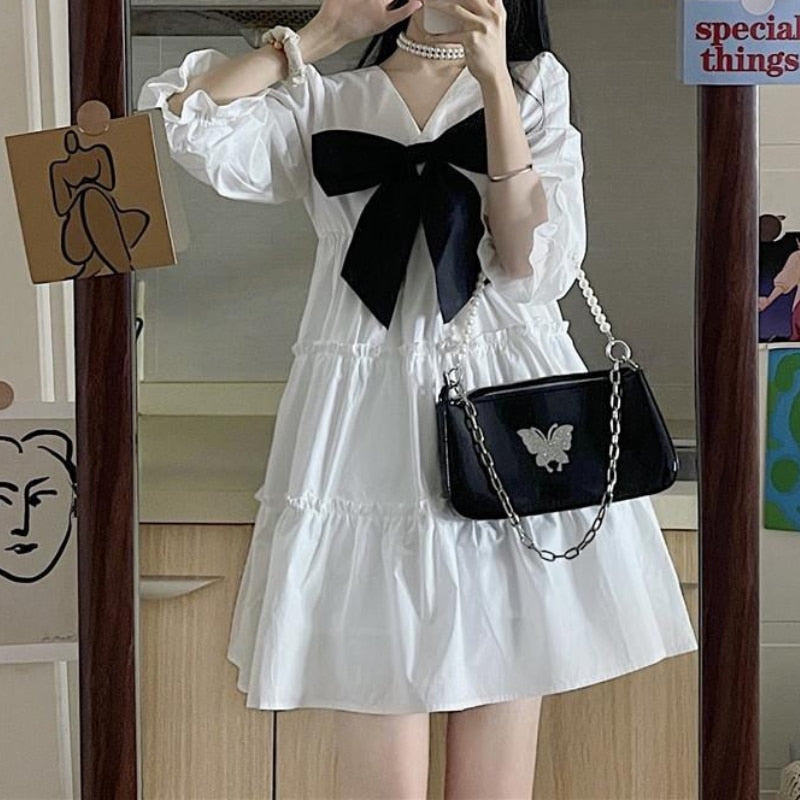Drespot White Dress Women Kawaii Bow Mini Dresses Summer Preppy Style Cute Harajuku Vintage Outfits Oversize Streetwear