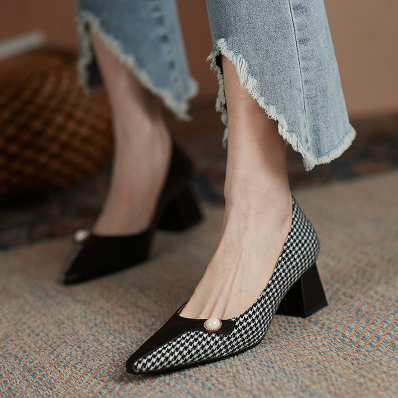 Drespot  Autumn High Heels Pointed Toe Women's Pumps Shoes Plaid Pearl Square Heel Office Shoes Elegant Ladies Casual Shoes for Women