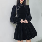 Drespot  Black Gothic Mini Dress Women Long Sleeve Vintage Dresses Golden Velvet Kawaii Bow Harajuku Streetwear Goth Female Robe