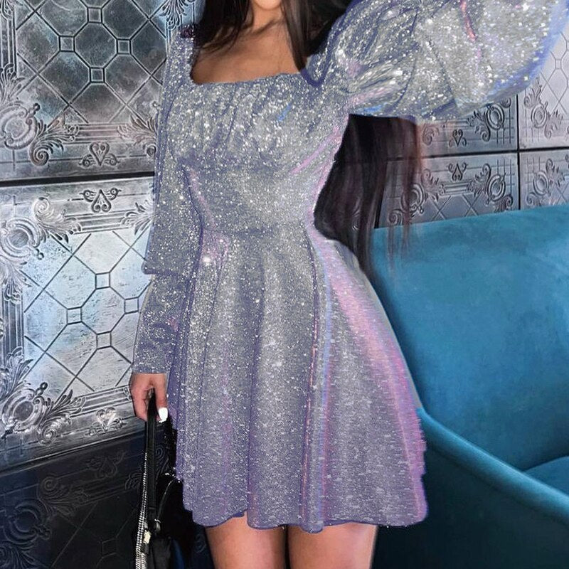 IAMHOTTY Bright Silk Pleated A Line Mini Dress For Women Party Night Clubwear Puff Long Sleeve Elegant Sequins Robe Sexy Ladies