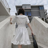 Drespot White Kawaii Lolita Dress Soft Girl Cute Style Ruffle Short Sleeve Wrap Mini Punk Dress Women Summer Sundress  Korean
