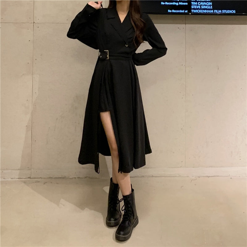 Drespot Vintage Punk Bandage Maxi Dresses for Women Streetweear Balck Long Blazer Dress with Belt Korean Fashion Style Long Sleeve Dress