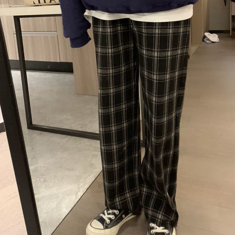 Drespot  Harajuku Winter Plaid Pants Women Korean Fashion Oversize Elastic High Waist Casual Wide Leg Checkered Trousers Female