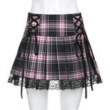 Goth Y2K High Waist Pleated Skirt  Vintage Lace Patchwork Plaid Skirt Harajuku Cosplay Black Mini Skirt EGirl  Bandage Club