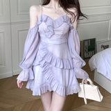 Purple Off Shoulder Kawaii Dress Women Ruffle Patchwork Sweet Party Mini Dress Female Korean Fashion Slim Sexy Fairy Dress