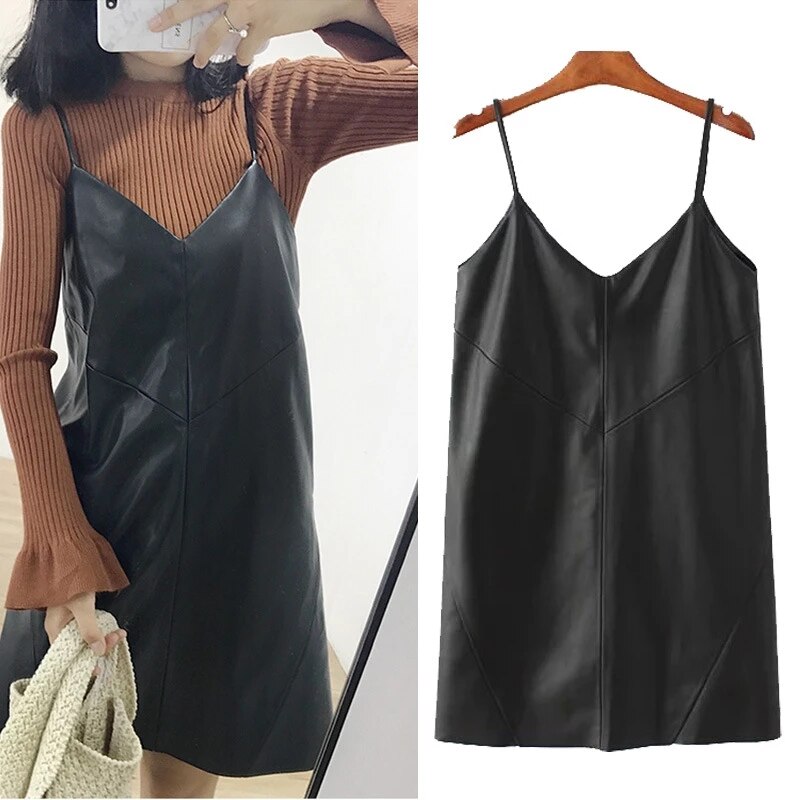 Fall  New Women's Leather Dress Korean Fashion Sweet  V-neck PU Leather Dresses Female Black Spaghetti Strap Vestidos Mujer