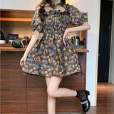 Women Dresses Short Puff Sleeve Square Collar French Style Retro Elegant Female Above Knee Slim Folds A-line Pleated Kawaii Chic