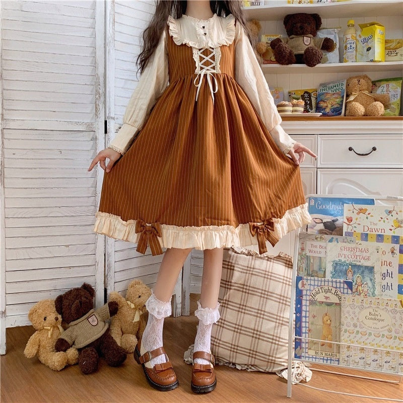 Drespot Kawaii Lolita Dress Soft Girl Vintage Old Ruffle Japanese Sweet Long Sleeve Brown Dresses Woman Cute Clothes Autumn
