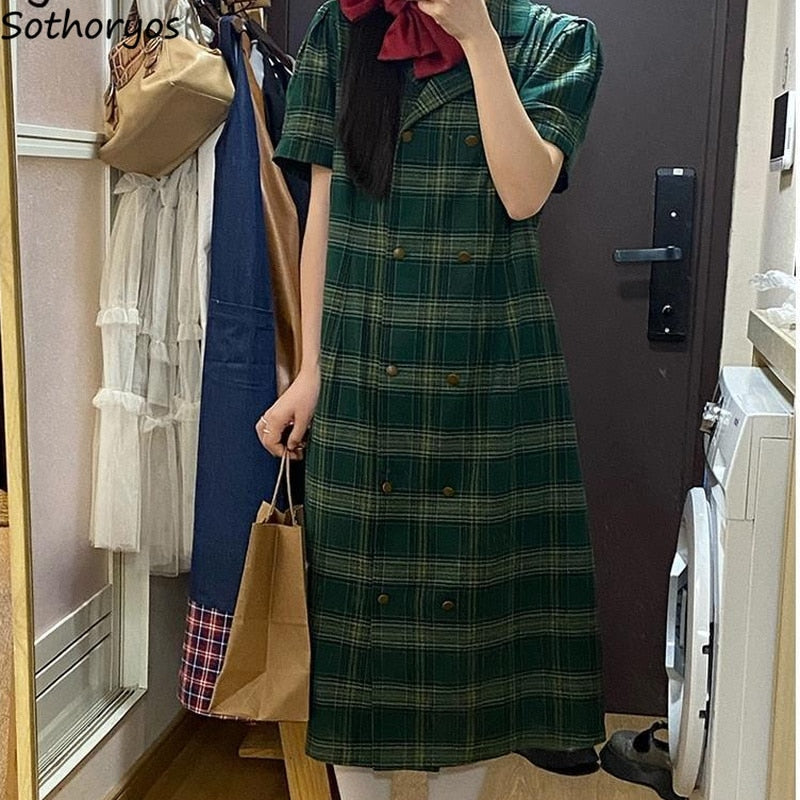 Short Sleeve Sweet Style Plaid Notched Spring Summer Dress Women Comfortable Korean Style Cute Loose Patchwork Fashion Students