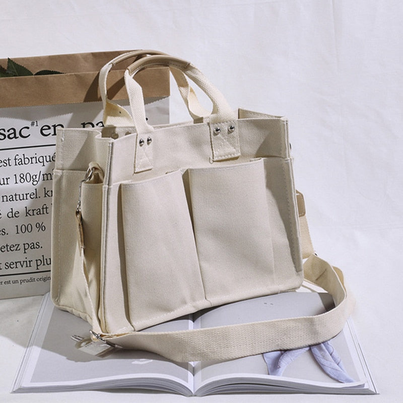 Drespot  Women Handbag Shopper Casual Canvas Large Capacity Pocket Bags Simple Solid Color Messenger Shoulder School Bag Travel Tote