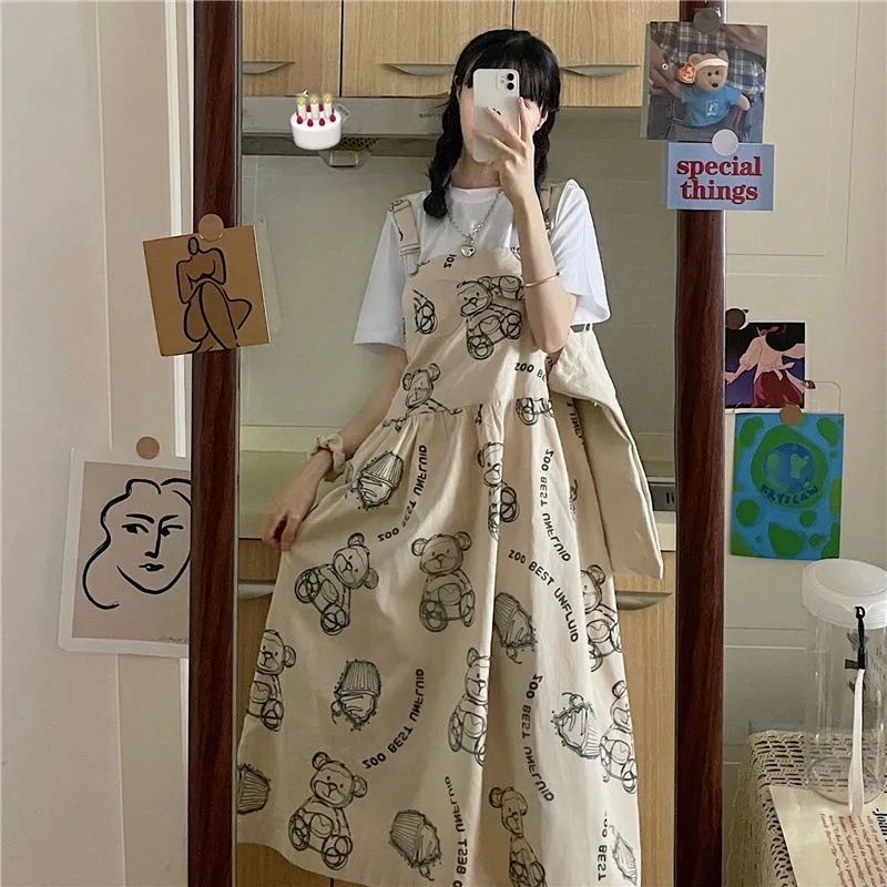 Drespot Kawaii Slip Dress Sweet Cute Cartoon Bear Print Workwear Sundresses Preppy Style Outfits Streetwear Women Summer Dress