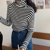 Drespot  Winter Turtleneck Striped Knitting Tops Female Fashion Long Sleeve Casual Slim Basic Women's Pullovers Tops Autumn
