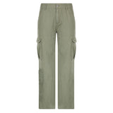 IAMHOTTY Light Green Multi Pockets Cargo Pants Women Y2K Low Waist Jeans Wide Leg Loose Casual Streetwear Denim Trousers Joggers