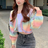 Autumn Rainbow Sweet Knitted Sweater Ladies Colorful Loose Korean Style Cashmere Sweater Warm Kawaii Button-down Cardigan