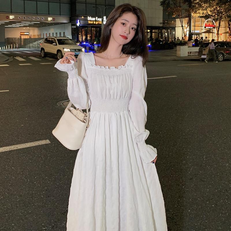 Drespot  White Elegant Dress Women Square Collar Long Sleeve Dresses Vintage Autumn  Fairy Robe Korean Fashion Outfits