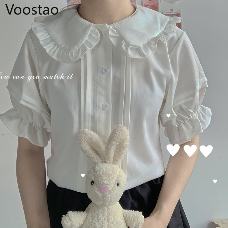 Drespot  Japanese Sweet Lolita Style Blouses Women Kawaii Peter Pan Collar JK Shirts Girls Cute Ruffles Short Puff Sleeve Blusas Mujer