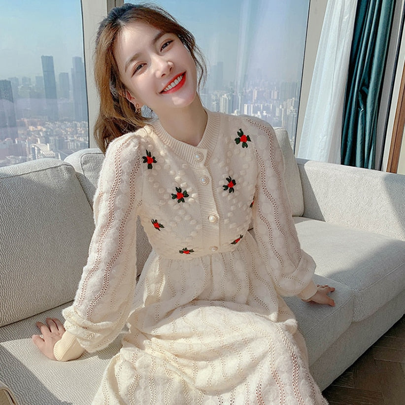 Drespot Knitting Sweater Maxi Dresses for Women Female Korea Style Slim Embroidery Wool Long Sleeve Woman Dress Party  Autumn Winter