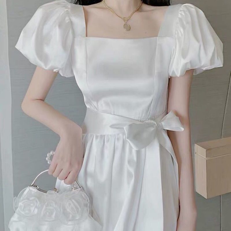 Drespot Women's Summer Long Dress French Puff Sleeve White Elegant Dresses Office Ladies Square Collar Vintage Robe Sashes Famale
