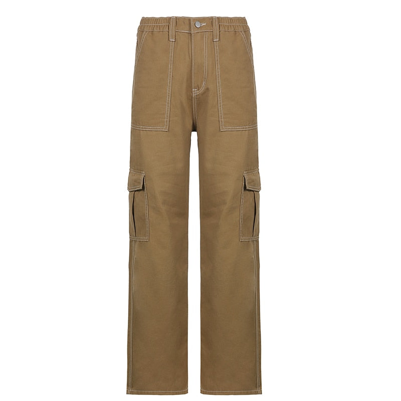 Vintage Khaki Wide Leg Cargo Jeans High Waist Big Pockets Baggy Denim Trousers Casual Oversized Pants Street Sweatpants Iamhotty