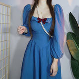 Blue Fairy Dress Women Kawaii Bow Long Sleeve Princess Dress Spring Autumn Square Collar Puff Sleeve Lolita Korean Style