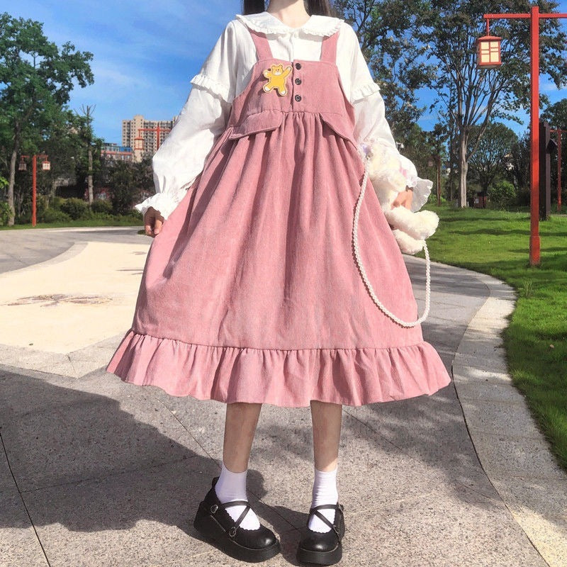 Drespot Corduroy Lolita Dress Kawaii Japanese Sweets Lolita Style Kawaii Cute Dress Women Autumn Dress  Ruffles Patchwork