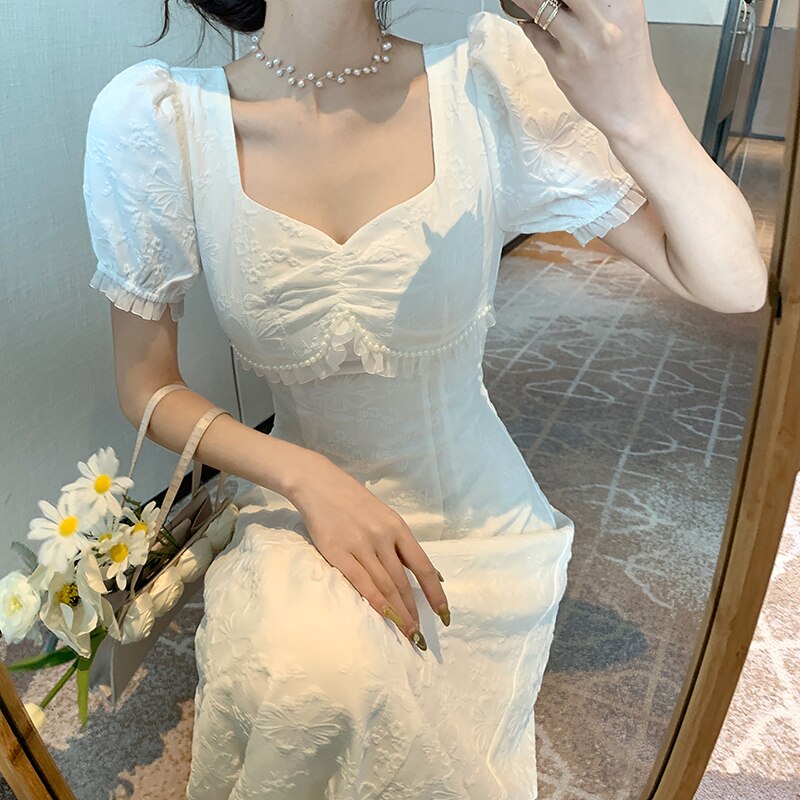 Vintage Bow V-Neck Korean Dress for Women Puff Sleeve Sexy Woman Dress Elegant Fairy White Long Dresses Summer  New Clothes