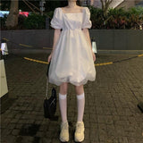 Drespot Women's Summer White Mesh Dress Lolita Puff Sleeve Kawaii Cute Fairy Party Dress  Fashion Women Korean Style Clothing