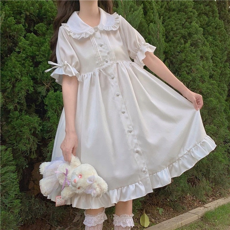Drespot White Kawaii Lolita Dress For Girls Soft Princess Fairy Peter Pan Collar Dress Japanese Style Cute Puff Sleeve Party Dress