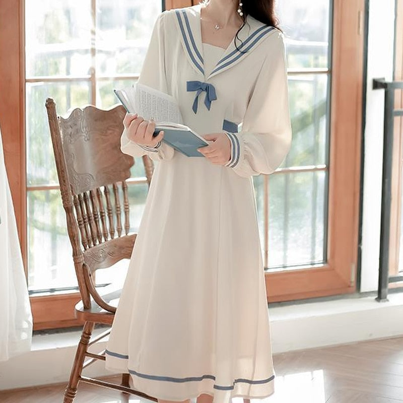 Drespot College Sailor Collar White Dress Woman Japanese Harajuku Kawaii Long Sleeve Midi Dress School Uniform Spring Autumn