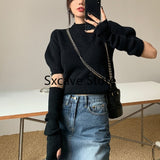 Drespot  Spring Knitted Sweater Women Casual Design Long Sleeve Pure Color Slim O-Neck Pullover Korean Y2k Crop Tops Office Lady
