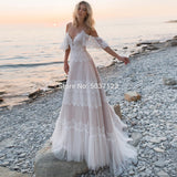 Drespot   Wedding Dresses Tempting Nude Champagne V Neck Chic Sleeves Straps Ruffles Lace A Line Backless Bridal Gowns