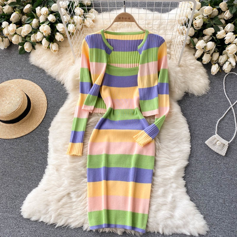 Drespot  Striped Knitted Two Piece Set Women Crop Top + Sexy Spaghetti Strap Dress Suits Sweet Long Sleeve Sweater Cardigan 2 Piece Suits