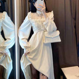Drespot  French Lace Vintage Dress Women Fashion Puffer Sleeve Elegant One Piece Dress Korean  Spring High Street Slim Midi Dress Y2k