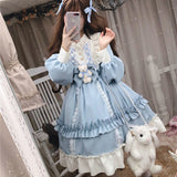 Drespot Lolita Dress Women Kawaii Long Sleeve Short Dresses Lace Patchwork Bow Ruffles Robe Japanese Vintage Princess Outfits